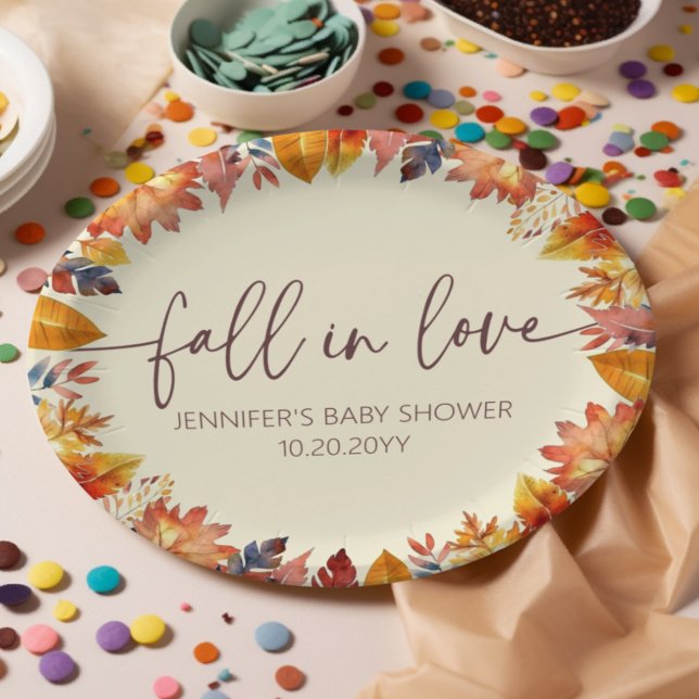 Assiettes En Carton Chute mignonne en amour Baby shower de feuillage (fall baby shower party plates, watercolor autumn leaves)