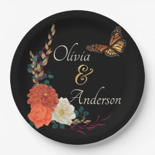 Assiettes En Carton Chute Monarque Papillon Floral Mariage noir