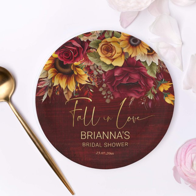 Assiettes En Carton Chute nuptiale douche bordeaux tournesols rose (Fall in love bridal shower burgundy roses yellow sunflowers autumn bridal shower tableware)