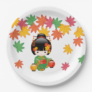 Assiettes En Carton Chute Poupée Kokeshi - Green Kimono Geisha Girl