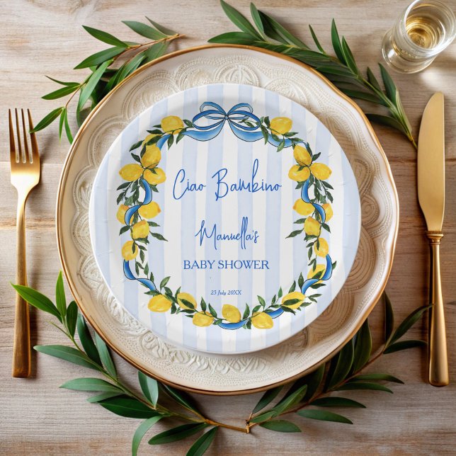 Assiettes En Carton Ciao bambino citron baby shower italien sur mesure (Ciao bambino lemons blue ribbon stripped Italian baby shower personalized Paper Plates)