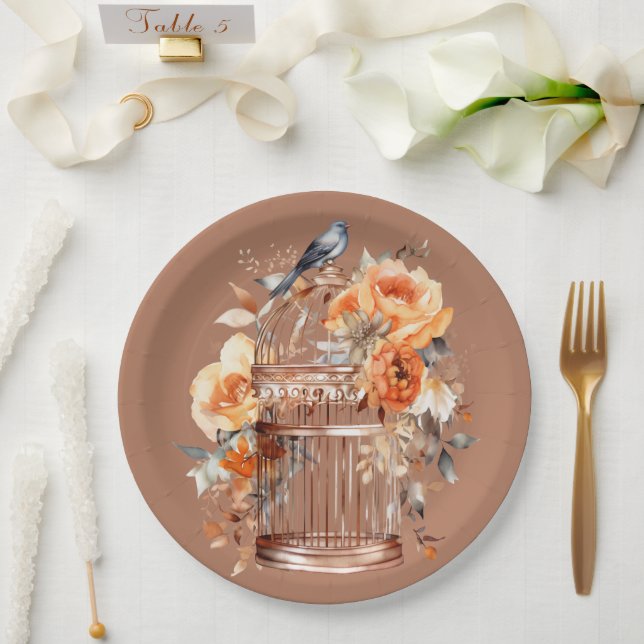 Assiettes En Carton Cidre épicé Orange Gold Blue Birdcage (Mariage)