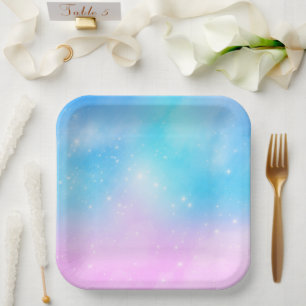 Assiettes En Carton Ciel dégradé rose et bleu pastel