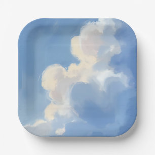 Assiettes En Carton Cieux nuageux   Peinture à l'aquarelle bleue
