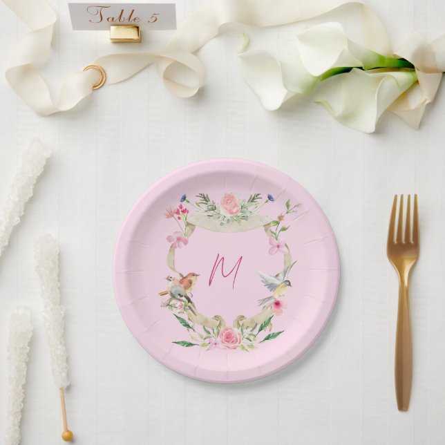 Assiettes En Carton Cimier Floral Monogrammé (Mariage)
