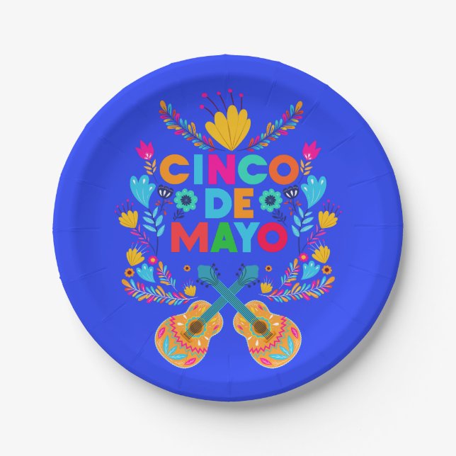 Assiettes En Carton Cinco De Mayo fleurs et guitares (Devant)