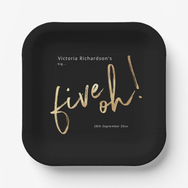 Assiettes En Carton Cinq Oh 50e anniversaire Black Gold Foil Simple Ch (Recto)
