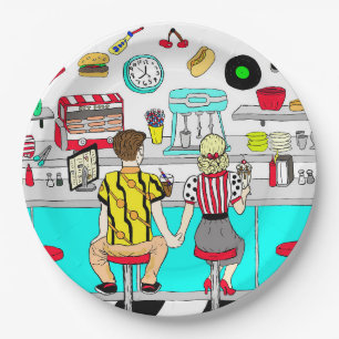 Assiettes En Carton Cinquante Diner Nostalgic Couple tenant Mains Art