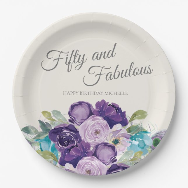 Assiettes En Carton Cinquante Fabuleux Anniversaire Purple Bleu Floral (Devant)