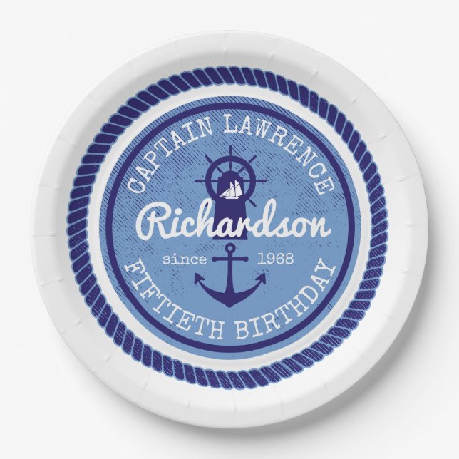Assiettes En Carton cinquantième Capitaine Nautical Rope Anchor Helm (Devant)