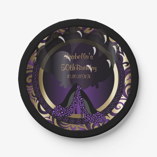 Assiettes En Carton cinquantième Talons hauts pourpres de léopard de (Devant)