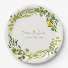 Assiettes En Carton Citron Jaune et Vert Aquarelle Mariage Citron