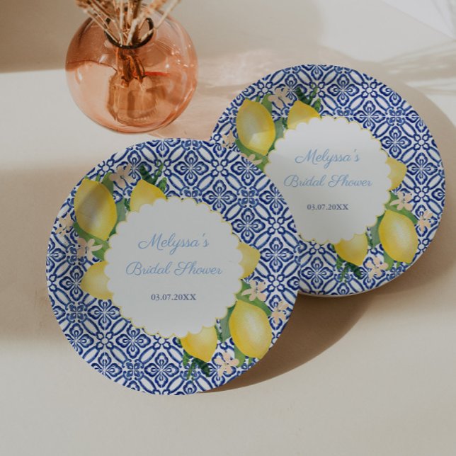 Assiettes En Carton Citrons Amalfi Bleu Blanc Italie Carreaux Enterrem (Amalfi Lemon Blue Tile Bridal Shower Party Paper Plates)