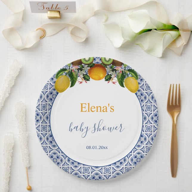 Assiettes En Carton Citrons d'Italie blanc et bleu Amalfi Baby shower (Mariage)