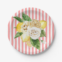 Assiettes En Carton Citrons et roses à rayures roses