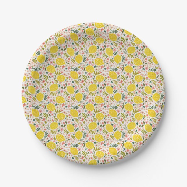 Assiettes En Carton Citrons jaunes modernes avec fleurs roses (Devant)