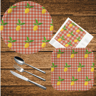 Assiettes En Carton Citrons jaunes rétro vintage sur carreaux rouges e