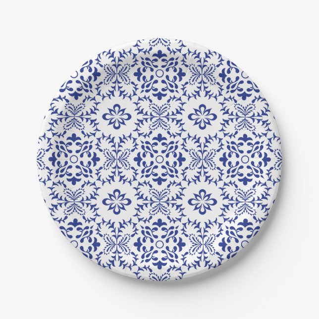 Assiettes En Carton Citrons Méditerranéen Carreaux de Mosaique Bleus M (Devant)