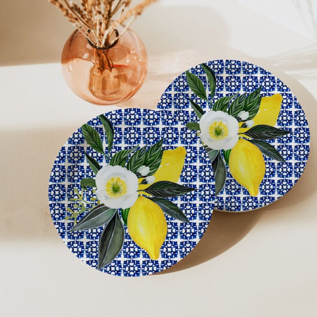 Assiettes En Carton Citrons Méditerranéens Carreau Bleu (Créateur téléchargé)
