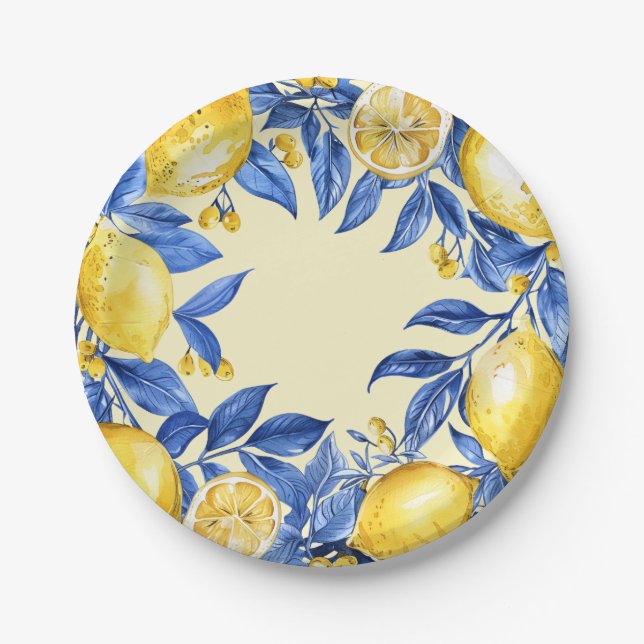 Assiettes En Carton Citrons portugais en bleu (Devant)
