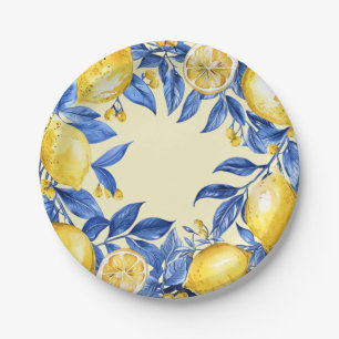 Assiettes En Carton Citrons Portugais sur Fond Bleu