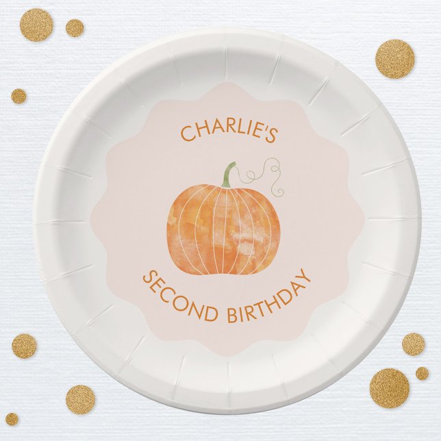 Assiettes En Carton Citrouille Automne Deuxième Automne 2e Anniversair (Little pumpkin personalized custom text second 2nd birthday party paper plates)