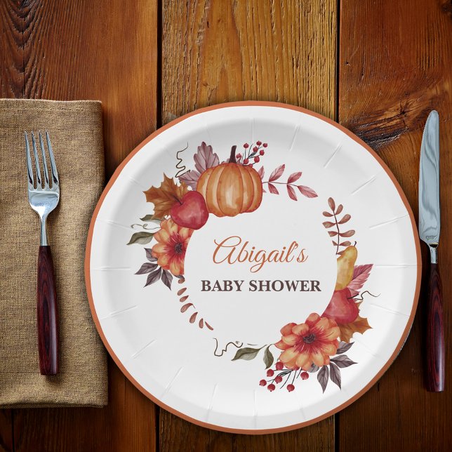 Assiettes En Carton Citrouille automne Floral Baby shower d'automne (Créateur téléchargé)