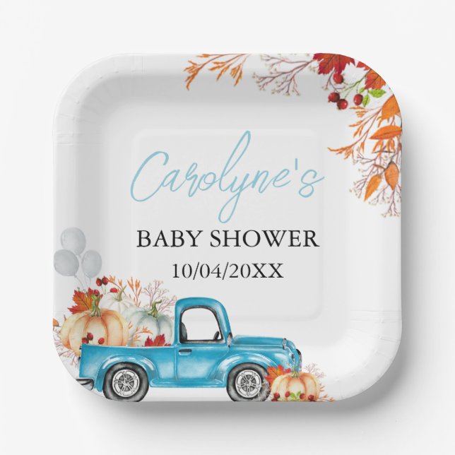Assiettes En Carton Citrouille Baby shower d'automne du camion bleu (Recto)