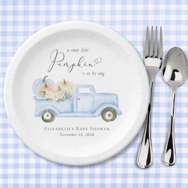Assiettes En Carton Citrouille Bleu Camion Aquarelle bébé garçon douch (Créateur téléchargé)