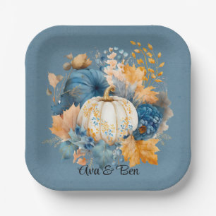 Assiettes En Carton Citrouille bleu et orange Peony Mariage