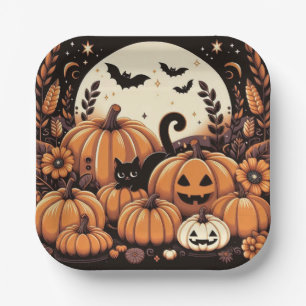 Assiettes En Carton Citrouille, Chats noirs, Chats et Pleines lunes