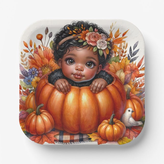 Assiettes En Carton Citrouille d'automne africain-américain de la peti (Recto)