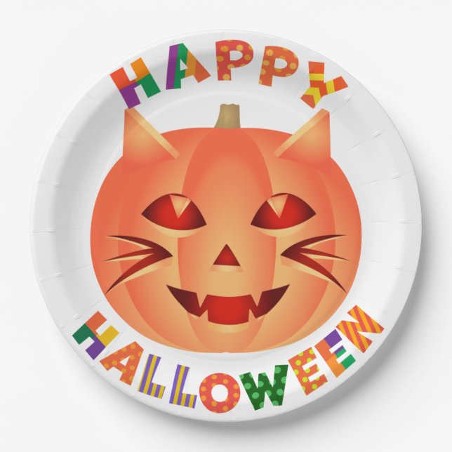 Assiettes En Carton Citrouille de chats d'Halloween (Devant)