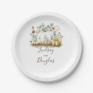 Assiettes En Carton Citrouille de récolte automnale blanche et dorée