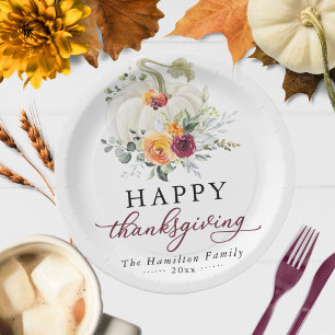 Assiettes En Carton Citrouille de Thanksgiving Fleurie Bourgogne Blanc