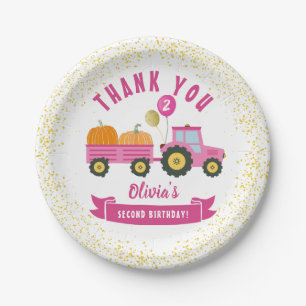 Assiettes En Carton Citrouille de tracteur rose Automne Anniversaire M