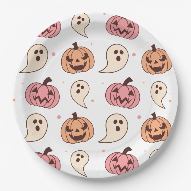 Assiettes En Carton Citrouille d'Halloween et fantôme (Devant)