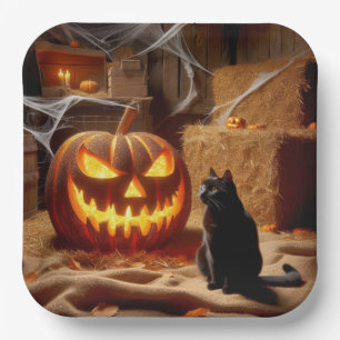 Assiettes En Carton Citrouille et chat d'Halloween dans une grange