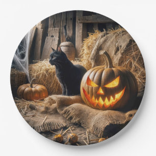 Assiettes En Carton Citrouille et chat d'Halloween dans une grange