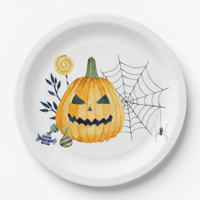 Assiettes En Carton Citrouille et toile d'araignée (Devant)