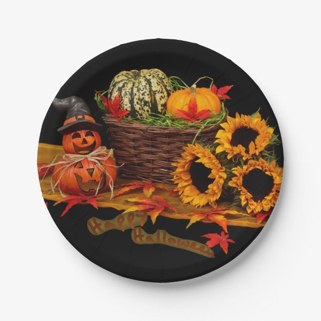 Assiettes En Carton Citrouille et tournesols Halloween de sorcière (Devant)