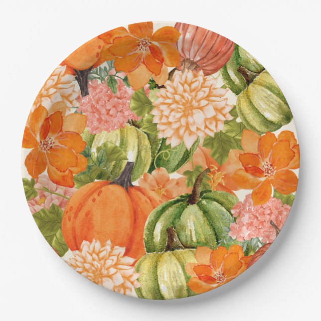 Assiettes En Carton Citrouille floral 1er anniversaire automne (Devant)