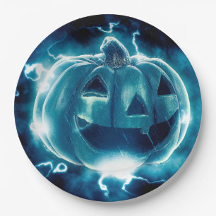 Assiettes En Carton Citrouille noir et bleu effrayant Halloween Par