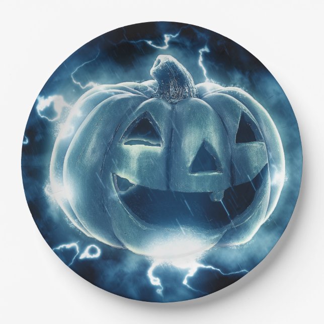 Assiettes En Carton Citrouille noir et bleu effrayant Halloween    Par (Devant)