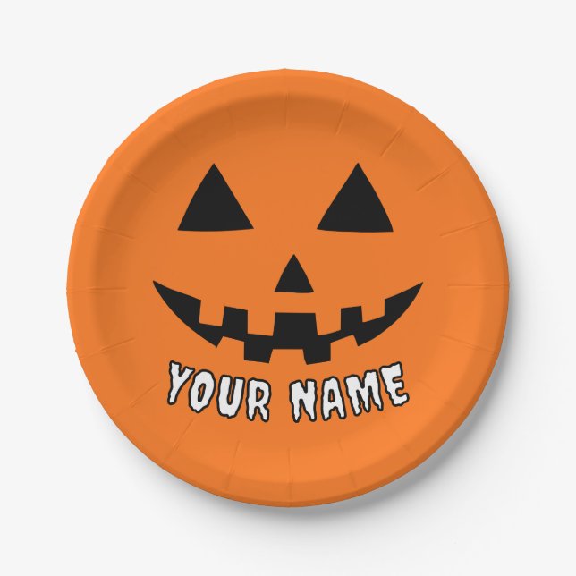 Assiettes En Carton Citrouille orange personnalisé Halloween Votre Nom (Devant)