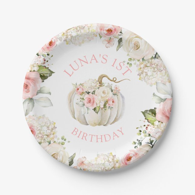 Assiettes En Carton Citrouille rose 1er anniversaire (Devant)