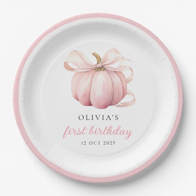 Assiettes En Carton Citrouille rose Bow 1er anniversaire (Devant)