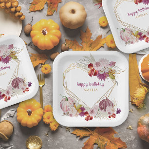 Assiettes En Carton Citrouille rose Rustique Floral Joyeux anniversair