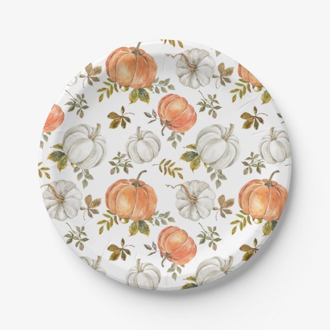 Assiettes En Carton Citrouilles d'aquarelle et Motif d'automne de feui (Devant)
