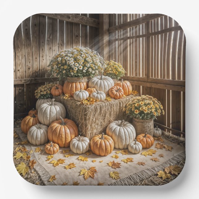 Assiettes En Carton Citrouilles D'Automne Sur Un Hay Bale (Recto)